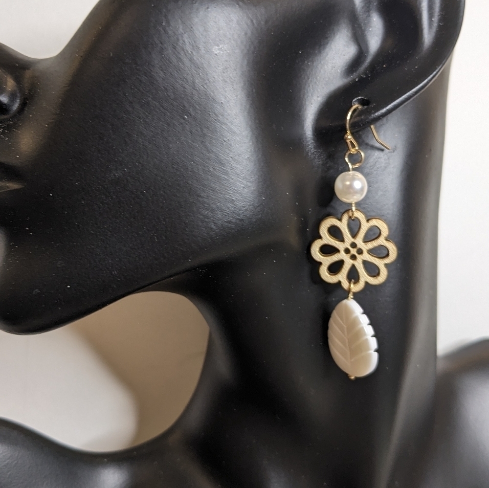 Ophelia Roe Gold Tone Faux Pearl & Wood‎ Flower Dangle Earrings